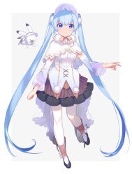 Rule 34 | 1girl, absurdly long hair, bad id, bad pixiv id, black skirt, blush, capelet, closed mouth, cowlick, detached sleeves, full body, fur collar, grey background, hatsune miku, headdress, heiwa (murasiho), highres, long hair, looking at viewer, pantyhose, sidelocks, simple background, skirt, smile, solo, standing, twintails, two-tone background, very long hair, vest, vocaloid, white background, white pantyhose, yuki miku, yukine (vocaloid)