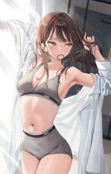Rule 34 | 1girl, absurdres, armpits, arms up, bare shoulders, bra, breasts, brown hair, cowboy shot, earrings, emyo, grey shorts, grey sports bra, hair tie in mouth, highres, holding, holding own hair, jewelry, long hair, long sleeves, looking away, medium breasts, mouth hold, navel, off shoulder, open clothes, open shirt, orange eyes, original, shirt, short shorts, shorts, solo, sports bra, standing, stomach, stud earrings, thighs, tying hair, underwear, white shirt