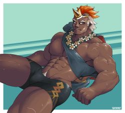 Rule 34 | 1boy, abs, bara, bare arms, bare pectorals, bare shoulders, black male swimwear, bulge, cross scar, dark-skinned male, dark skin, feet out of frame, fire emblem, flower, flower necklace, helbindi (fire emblem), highres, horns, jewelry, large pectorals, looking at viewer, male focus, male pubic hair, male swimwear, mature male, multicolored hair, muscular, muscular male, navel, navel hair, necklace, nintendo, nipples, orange hair, pectorals, penis, print male swimwear, pubic hair, pubic hair peek, sash, scar, scar on arm, scar on chest, short hair, sideburns, single horn, sitting, solo, spread legs, stomach, swim briefs, thick thighs, thighs, two-tone hair, voviat, wet, white hair