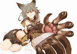 Rule 34 | 10s, 1girl, :3, animal ears, animal hands, arm strap, arm support, belt, blush, claw (weapon), collar, cowboy shot, erune, flipped hair, foreshortening, gloves, granblue fantasy, grey hair, hip vent, hood, long hair, looking at viewer, lying, miniskirt, on side, outstretched arm, partially colored, paw gloves, paw pose, pleated skirt, red eyes, sen (granblue fantasy), skirt, so-bin, solo, weapon