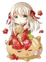Rule 34 | 1girl, :o, = =, animal, blush, boar, brown hair, chibi, chinese zodiac, closed eyes, commentary request, floral print, flower, fur collar, green eyes, hair between eyes, hair ribbon, highres, japanese clothes, kimono, long hair, long sleeves, looking at viewer, original, parted lips, print kimono, red flower, red footwear, red kimono, red ribbon, ribbon, shiro kuma shake, simple background, sleeves past wrists, socks, solo, two side up, white background, white socks, wide sleeves, year of the pig