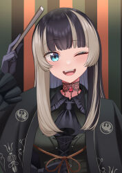 Rule 34 | 9696k, absurdres, black gloves, black hair, blue eyes, blush, capelet, choker, gloves, grey hair, hand fan, highres, hololive, hololive dev is, indoors, juufuutei raden, long hair, long sleeves, looking at viewer, multicolored hair, one eye closed, open mouth, smile, teeth, two-tone hair, upper body, upper teeth only, virtual youtuber, wink