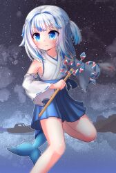 Rule 34 | 1girl, alternate costume, blue eyes, blue hair, blue skirt, blush, boat, closed mouth, cloud, commentary request, detached sleeves, fang, fins, fish tail, gawr gura, gohei, hakama, hakama skirt, highres, holding, hololive, hololive english, japanese clothes, miko, multicolored hair, night, night sky, outdoors, partial commentary, ribbon-trimmed sleeves, ribbon trim, shark tail, shirt, short hair, skirt, sky, solo, star (sky), starry sky, streaked hair, tail, virtual youtuber, watercraft, weh, white hair, white shirt