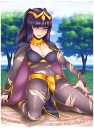 Rule 34 | 1girl, bodystocking, breasts, cleavage, covered navel, covered erect nipples, fire emblem, fire emblem awakening, highres, kneeling, large breasts, long hair, madartraven, nintendo, open mouth, purple eyes, purple hair, solo, sweatdrop, tharja (fire emblem), torn clothes