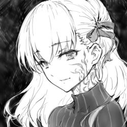 Rule 34 | 1girl, black background, commentary request, dark sakura, dress, facial tattoo, fate/stay night, fate (series), greyscale, hair ribbon, haoni, long hair, looking at viewer, matou sakura, monochrome, parted lips, portrait, ribbon, smile, solo, tattoo, turtleneck, upper body