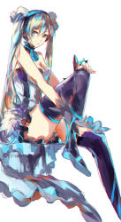 Rule 34 | 1girl, absurdres, black thighhighs, blue eyes, blue hair, hatsune miku, headphones, highres, long hair, looking at viewer, matching hair/eyes, mi bait, simple background, solo, strapless, thighhighs, twintails, vocaloid, white background