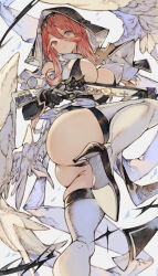 Rule 34 | 1girl, ass, black footwear, black gloves, black headwear, black panties, breasts, cleavage, coif, commentary, commission, cross, foot out of frame, from below, gloves, grey eyes, gun, hair between eyes, high heels, highres, holding, holding gun, holding weapon, kemomin nosuke, knee up, large breasts, long bangs, long hair, looking at viewer, nun, original, panties, pantyshot, red hair, saito ari (dragoaman), shoe soles, solo, thighhighs, two-sided fabric, underwear, weapon, white thighhighs, wings