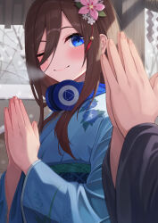 Rule 34 | 1boy, 1girl, ;), absurdres, blue eyes, blue kimono, breath, brown hair, closed mouth, day, enpera, flower, go-toubun no hanayome, hair flower, hair ornament, headphones, headphones around neck, highres, hiyoku, japanese clothes, kimono, long hair, long sleeves, looking at viewer, nakano miku, one eye closed, outdoors, own hands together, pink flower, scarf, smile, solo focus, upper body, wide sleeves