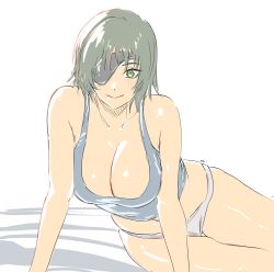 Rule 34 | 1girl, arm support, black hair, blush, breasts, chainsaw man, commentary request, eyepatch, green eyes, grey tank top, highres, himeno (chainsaw man), looking at viewer, lying, medium breasts, mitsugu, navel, on side, panties, shiny skin, short hair, simple background, smile, solo, tank top, underwear, underwear only, white panties
