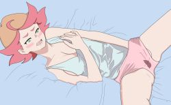 Rule 34 | 1girl, amanda o&#039;neill, bed, blush, grabbing another&#039;s breast, breasts, cleavage, collarbone, female masturbation, grabbing, green eyes, groin, highres, large breasts, little witch academia, masturbation, on bed, open mouth, orange hair, panties, pink panties, saliva, shirt, short hair, solo, spread legs, underwear, white shirt