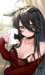 Rule 34 | 1girl, ahoge, alternate costume, animal ears, bare shoulders, black choker, black hair, blush, breasts, choker, cleavage, closed mouth, clothing request, coffee mug, commentary request, cup, curtains, earrings, ears down, frills, hair between eyes, highres, holding, holding cup, horse ears, horse girl, jewelry, long hair, long sleeves, looking at viewer, manhattan cafe (umamusume), mug, multicolored hair, single earring, small breasts, solo, strap slip, streaked hair, tabunshake, umamusume, white hair, yellow eyes