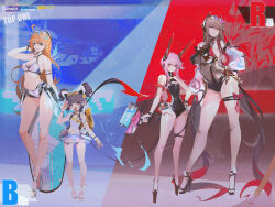 4girls absurdly_long_hair bikini black_footwear black_one-piece_swimsuit breasts brown_hair contrapposto detached_sleeves double_bun eyewear_on_head full_body glasses hair_bun hand_on_own_hip headgear heart heart-shaped_eyewear high_heels highres holding holding_water_gun large_breasts long_hair long_sleeves looking_at_viewer medium_breasts multiple_girls one-piece_swimsuit orange_hair original platform_footwear smjim1986 swimsuit very_long_hair water_gun white_bikini white_one-piece_swimsuit