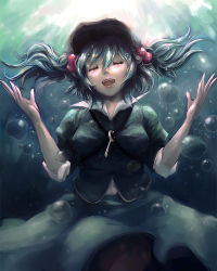 Rule 34 | 1girl, bad id, bad pixiv id, blue hair, closed eyes, female focus, goldregen, hair bobbles, hair ornament, hat, kawashiro nitori, solo, touhou, twintails, two side up, underwater
