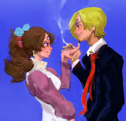 Rule 34 | 1boy, 1girl, absurdres, blonde hair, blue eyes, blush, breasts, brown hair, charlotte pudding, cigarette, closed mouth, couple, curly eyebrows, facial hair, hetero, highres, long hair, looking at another, one piece, rita ya, sanji (one piece), shirt, short hair, smile, third eye, twintails