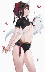 Rule 34 | 1girl, alternate costume, alternate hairstyle, arched back, arms behind back, bad id, bad pixiv id, black buruma, black hair, black nails, breasts, brown hair, bug, buruma, butterfly, chinese clothes, colored tips, crop top, earrings, flower, from side, genshin impact, ghost, gold bracelet, gold earrings, gold trim, hair flower, hair ornament, hat, highres, hu tao (genshin impact), insect, jewelry, long hair, looking ahead, medium hair, midriff, multicolored hair, nail polish, navel, parted lips, plum blossoms, profile, qiandaiyiyu, red eyes, red hair, simple background, small breasts, stomach, thighs, two-tone hair, visor cap, wet, white background