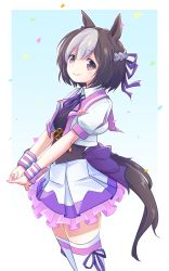 Rule 34 | 1girl, animal ears, black shirt, brown eyes, brown hair, cropped jacket, highres, horse ears, horse girl, horse tail, jacket, moro (like the gale!), own hands together, shirt, short hair, skirt, smile, solo, special week (umamusume), tail, thighhighs, umamusume, white jacket, white shirt, white skirt, white thighhighs, wristband