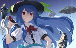 Rule 34 | 1girl, black hat, blue hair, buttons, center frills, closed mouth, collared shirt, frills, fruit hat ornament, hair between eyes, hat, highres, hinanawi tenshi, holding, holding sword, holding weapon, kanpa (campagne 9), long hair, looking at viewer, peach hat ornament, red eyes, shirt, short sleeves, smile, solo, sword, sword of hisou, touhou, upper body, weapon, white shirt