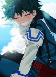 Rule 34 | 1boy, belt, blush, bodysuit, boku no hero academia, character name, closed eyes, dated, day, elbow gloves, facing viewer, freckles, from side, gloves, green bodysuit, green hair, grin, happy birthday, hood, hood down, hooded bodysuit, male focus, midoriya izuku, multicolored bodysuit, multicolored clothes, ohcome yone, outdoors, red belt, short hair, sitting, smile, white gloves