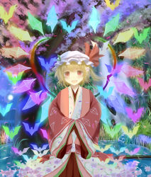 Rule 34 | 1girl, ai ai gasa, bat (animal), blonde hair, blush, bunchou (bunchou3103), cloud, female focus, flandre scarlet, flower, hair flower, hair ornament, hat, japanese clothes, kimono, moon, open mouth, red eyes, short hair, side ponytail, smile, solo, embodiment of scarlet devil, touhou, tree, wading, water, wings