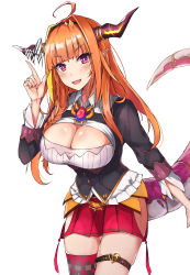 Rule 34 | 1girl, ahoge, blush, bow, breasts, cleavage, dragon girl, dragon horns, dragon tail, fang, hasumushi, highres, hololive, horn bow, horn ornament, horns, kiryu coco, kiryu coco (1st costume), large breasts, long hair, looking at viewer, orange hair, red eyes, single thighhigh, smile, solo, tail, thigh strap, thighhighs, virtual youtuber