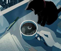 Rule 34 | animal, animal focus, avogado6, backlighting, black cat, book, bookmark, cat, coffee, coffee mug, cup, curtains, desk, drink, holding, holding cup, indoors, long sleeves, mug, night, open book, original, out of frame, pencil, pov, pov hands, reflection, window
