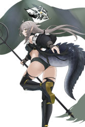 Rule 34 | 1girl, ahoge, arknights, ass, bad id, bad pixiv id, bare shoulders, black footwear, black panties, black thighhighs, boots, commentary, crocodilian tail, feet out of frame, floating hair, high heel boots, high heels, highres, holding, holding staff, jiu fanglianhua, large tail, long hair, long sleeves, looking at viewer, off shoulder, panties, pointy ears, profile, sidelocks, silver hair, solo, staff, standing, standing on one leg, tail, thighhighs, thighs, tomimi (arknights), torn clothes, torn thighhighs, underwear, yellow eyes