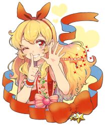 Rule 34 | 1girl, aikatsu!, aikatsu! (series), alternate costume, blonde hair, bow, character name, dated, finger to mouth, food, food print, fruit, grin, hair bow, hairband, heart, hoshimiya ichigo, kumo suzume, long hair, looking at viewer, one eye closed, pink bow, red bow, red eyes, red hairband, shirt, shushing, smile, solo, star (symbol), strawberry, strawberry print, upper body, wrist cuffs