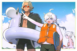 Rule 34 | 1girl, 2boys, ahoge, alisaie leveilleur, alphinaud leveilleur, alternate costume, bare shoulders, bikini, bikini top only, black jacket, black jammers, black male swimwear, blue eyes, blue sky, border, braid, braided ponytail, brother and sister, carrying, carrying under arm, chinese commentary, cloud, collarbone, commentary request, covered eyes, cowboy shot, day, earclip, earrings, elezen, elf, final fantasy, final fantasy xiv, food, fruit, grey hair, hair ribbon, holding, holding food, holding fruit, inflatable unicorn, innertube, jacket, jammers, jewelry, life vest, long hair, looking ahead, looking at another, male focus, male swimwear, multiple boys, nervous, open mouth, outdoors, outside border, outstretched arm, parted bangs, pointing, pointing forward, pointy ears, ribbon, short hair, siblings, sideburns, single braid, single earring, sky, standing, summer, sunglasses, sweatdrop, swept bangs, swim ring, swimsuit, twins, urianger augurelt, watermelon, watermelon slice, white border, white hair, wuliu heihuo
