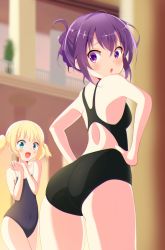 Rule 34 | 2girls, :d, :o, anime coloring, ass, backless swimsuit, bad id, bad pixiv id, black one-piece swimsuit, blue one-piece swimsuit, blurry, blurry background, blush, commentary, depth of field, from behind, gochuumon wa usagi desu ka?, hair up, hands on own hips, highres, indoors, interlocked fingers, kirima syaro, looking at another, looking at viewer, looking back, multiple girls, one-piece swimsuit, open mouth, own hands together, pix mloof, purple eyes, purple hair, school swimsuit, short hair, smile, standing, swimsuit, tedeza rize