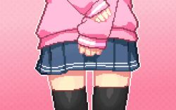 Rule 34 | 1girl, aftersex, animated, animated gif, cum, cum in pussy, cum plugged, cumdrip, female focus, gradient background, lowres, miniskirt, pink background, pixel art, pleated skirt, qswan, simple background, skirt, solo, standing, tan, thighhighs, thong, v