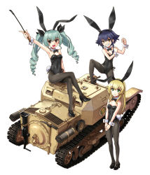 Rule 34 | 10s, 3girls, anchovy (girls und panzer), animal ears, bare shoulders, black hair, blonde hair, blush, bow, bowtie, braid, breasts, brown eyes, carpaccio (girls und panzer), carro veloce cv-33, cleavage, detached collar, drill hair, fake animal ears, girls und panzer, green eyes, green hair, hair ribbon, high heels, katahira masashi, leotard, long hair, looking at viewer, military, military vehicle, motor vehicle, multiple girls, necktie, open mouth, pantyhose, pepperoni (girls und panzer), playboy bunny, rabbit ears, rabbit tail, ribbon, riding crop, short hair, side-tie leotard, simple background, small breasts, smile, tail, tank, tankette, twin drills, twintails, vehicle, white background, wrist cuffs