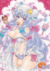 Rule 34 | 1girl, alternate costume, animal ear fluff, animal ears, aqua bow, bare shoulders, blush, bow, bracelet, breasts, candy, cat ears, cat girl, cat tail, cleavage, cowboy shot, crescent, crescent hat ornament, food, hair bow, hand up, hat, hat ornament, hat ribbon, highres, holding, holding candy, holding food, holding lollipop, jewelry, large breasts, lollipop, long hair, looking at viewer, mdn tsugumi, mob cap, patchouli knowledge, pink bow, pink nails, pumpkin, purple eyes, purple hair, ribbon, see-through, shoulder blush, sidelocks, signature, solo, tail, tail bow, tail ornament, thighhighs, touhou, twitter username, white thighhighs