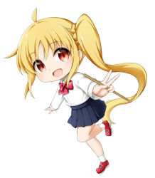 Rule 34 | 1girl, :d, ahoge, black skirt, blonde hair, bocchi the rock!, bow, braid, chibi, collared shirt, dress shirt, drumsticks, full body, hair between eyes, highres, holding, ijichi nijika, kuena, long hair, long sleeves, looking at viewer, open mouth, pleated skirt, red bow, red eyes, red footwear, shirt, shoes, side ponytail, simple background, skirt, sleeves past wrists, smile, socks, solo, standing, standing on one leg, very long hair, white background, white shirt, white socks