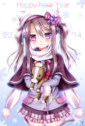 Rule 34 | 10s, 1girl, 2014, blush, brown hair, hair ornament, happy new year, hat, heterochromia, new year, original, pink eyes, plaid, plaid skirt, purple eyes, scarf, shitou, skirt, smile, snowflakes, solo, stuffed animal, stuffed horse, stuffed toy, twintails, winter clothes