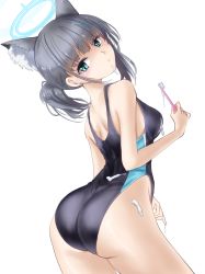 Rule 34 | 1girl, animal ear fluff, animal ears, ass, black one-piece swimsuit, blue archive, blue eyes, breasts, competition swimsuit, covered navel, cowboy shot, cross hair ornament, extra ears, from behind, grey hair, hair ornament, halo, highres, looking back, low ponytail, medium breasts, medium hair, mismatched pupils, multicolored clothes, multicolored swimsuit, one-piece swimsuit, shiroko (blue archive), shiroko (swimsuit) (blue archive), simple background, solo, swimsuit, toothbrush, toothpaste, white background, yokareto omotte