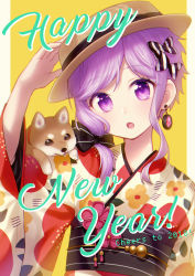 Rule 34 | 1girl, 2018, :o, ai kusunoki, alternate costume, animal, animal on shoulder, arm up, blush, bow, brown eyes, brown hat, colored eyelashes, dog, earrings, english text, fedora, floral print, hair bow, hand on headwear, happy new year, hat, hat bow, head tilt, highres, japanese clothes, jewelry, kimono, long hair, long sleeves, looking at viewer, new year, obi, open mouth, print kimono, purple eyes, purple hair, sash, short hair with long locks, simple background, single earring, solo, striped, striped bow, swept bangs, tareme, upper body, vocaloid, voiceroid, wide sleeves, yellow background, yuzuki yukari