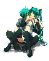Rule 34 | 1boy, 1girl, aqua hair, bad id, bad pixiv id, bare shoulders, black thighhighs, blush, bra, closed eyes, detached sleeves, fingering, flat chest, genderswap, genderswap (ftm), hatsune miku, hatsune mikuo, hetero, highres, legs, lingerie, long hair, panties, pun2, selfcest, striped bra, striped clothes, striped panties, thighhighs, through panties, twintails, underwear, vocaloid