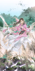 Rule 34 | 1girl, absurdres, artist request, bamboo, belt, blue sky, brown hair, dress, flower, full body, highres, holding, holding flower, juan siliang, long hair, moss, mountain, open mouth, outdoors, pink dress, reeds, rock, second-party source, skirt, sky, smile, solo, teeth, tree, tu li (juan siliang), upper teeth only, white skirt