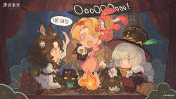Rule 34 | 3girls, :d, aged down, animal ears, arm up, black dress, black footwear, black hat, blonde hair, blonney, blue eyes, brown hair, campfire, cape, carbuncle (reverse:1999), centaur, charlie (reverse:1999), chibi, children&#039;s day, copyright name, copyright notice, creature, deer ears, deer girl, deer tail, dress, drill hair, ear tag, fang, fire, flower, food, from side, full body, fur-trimmed cape, fur trim, green eyes, hair flower, hair ornament, hairband, hand puppet, hand up, hat, hat feather, highres, holding, holding paper, holding stick, jessica (reverse:1999), log, logo, long hair, long sleeves, looking at another, looking at food, looking up, marshmallow, multiple girls, official art, open mouth, pantyhose, paper, pink dress, puffy long sleeves, puffy short sleeves, puffy sleeves, puppet, purple eyes, red cape, red curtains, red hairband, red pantyhose, reverse:1999, roasted marshmallow, roasting, shirt, short sleeves, sitting, sitting on log, skin fang, smile, speech bubble, stage, standing, stick, tail, taur, top hat, twin drills, white flower, white hair, white shirt, wooden floor