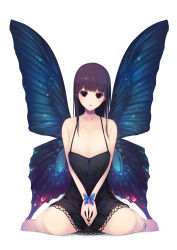 Rule 34 | 1girl, bare arms, bare shoulders, barefoot, black dress, black eyes, blue bow, blue ribbon, blue wings, bow, breasts, brown hair, butterfly wings, cleavage, collarbone, commentary request, dress, full body, head tilt, highres, insect wings, long hair, looking at viewer, medium breasts, morita (moritania), original, own hands together, parted lips, ribbon, shadow, sitting, sleeveless, sleeveless dress, solo, wariza, white background, wings