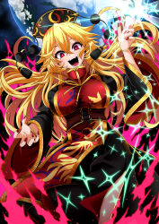 Rule 34 | 1girl, absurdres, arm up, aura, bangle, blonde hair, bracelet, breasts, chinese clothes, corset, cropped legs, earth (planet), energy, fox print, frilled sleeves, frills, gold trim, hair between eyes, highres, jewelry, junko (touhou), large breasts, long hair, long sleeves, looking at viewer, lower teeth only, nail polish, neck ribbon, open mouth, phoenix crown, planet, red eyes, red nails, ribbon, rihito (usazukin), sash, smile, solo, sparkle, tabard, tassel, teeth, tongue, touhou, upper teeth only, wide sleeves, yellow ribbon