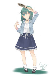 Rule 34 | 1girl, alternate costume, arm up, black choker, black footwear, blue jacket, blue skirt, blush, casual, choker, commentary request, contemporary, cross-laced footwear, full body, green eyes, green hair, hair between eyes, hand up, head tilt, highres, holding, jacket, lace, lace-trimmed skirt, lace trim, long sleeves, looking at viewer, no headwear, petticoat, plaid, rod of remorse, shadow, shiki eiki, shirt, shoes, signature, simple background, skirt, socks, solo, standing, touhou, toutenkou, white background, white shirt, white socks