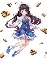 Rule 34 | 10s, 1girl, ahoge, blue dress, blue eyes, blue footwear, blush, board game, bobby socks, brown hair, buttons, closed mouth, commentary request, dress, full body, hat, highres, hinatsuru ai, holding, layered sleeves, long hair, long sleeves, looking at viewer, low twintails, outstretched arms, pisuke, puffy short sleeves, puffy sleeves, ryuuou no oshigoto!, school uniform, shoes, shogi, short over long sleeves, short sleeves, smile, socks, solo, translation request, twintails, very long hair, white background, white hat, white socks