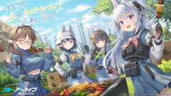 Rule 34 | 4girls, bell pepper, bell pepper slice, blue archive, cityscape, cooking, corn, day, eating, food, grill, grilling, highres, hirokazu (analysis-depth), holding, holding food, holding skewer, kebab, meat, miyako (blue archive), miyu (blue archive), moe (blue archive), multiple girls, official art, saki (blue archive), sausage, school uniform, skewer, tactical clothes