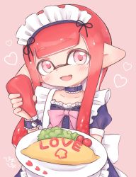 Rule 34 | 1girl, apron, artist name, back bow, black choker, blue dress, blunt bangs, bottle, bow, choker, commentary, dress, fang, food, frilled apron, frilled choker, frilled cuffs, frills, head tilt, heart, highres, holding, holding bottle, holding plate, inkling, inkling girl, inkling player character, ketchup, ketchup bottle, long hair, looking at viewer, maid, maid apron, maid headdress, nintendo, omelet, omurice, pink background, pink bow, pink eyes, pioxpioo, plate, pointy ears, puffy short sleeves, puffy sleeves, red hair, short sleeves, signature, skin fang, solo, splatoon (series), splatoon 2, tentacle hair, upper body, white apron, white bow