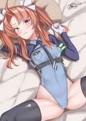 Rule 34 | 1girl, ahoge, alternate costume, armband, ayuman, blue jacket, blue leotard, breast pocket, breasts, brown hair, commentary request, commission, cowboy shot, dated, gloves, hair ribbon, highleg, highleg leotard, highres, jacket, kagerou (kancolle), kagerou kai ni (kancolle), kantai collection, leotard, long hair, looking at viewer, lying, pillow, pocket, police, police uniform, policewoman, purple eyes, ribbon, signature, skeb commission, small breasts, solo, spread legs, twintails, uniform, white gloves, white ribbon