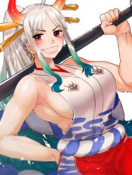 Rule 34 | 1girl, ahoge, aqua hair, armpits, bare arms, bare shoulders, blush, breasts, brown eyes, club (weapon), cowboy shot, curled horns, dutch angle, earrings, green hair, grey hair, grin, hair ornament, hair stick, hakama, hand on own hip, hand up, high ponytail, highres, holding, holding weapon, horns, japanese clothes, jewelry, kimono, large breasts, long hair, looking at viewer, multicolored hair, multicolored horns, one piece, oni, over shoulder, red horns, rope, shimenawa, shiratori yokikana, sideboob, sidelocks, sleeveless, sleeveless kimono, smile, solo, v-shaped eyebrows, very long hair, weapon, weapon over shoulder, yamato (one piece)