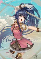Rule 34 | 1girl, blue eyes, blue hair, braid, breasts, commentary, fadingzz, fire emblem, fire emblem: the sacred stones, floating, floating hair, from above, gloves, hand up, long hair, looking to the side, looking up, nintendo, open mouth, polearm, ponytail, signature, sky, small breasts, solo, spear, tana (fire emblem), very long hair, weapon, white gloves