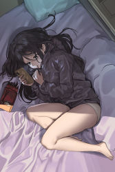 Rule 34 | 1girl, absurdres, black hair, blue eyes, cellphone, chocolate, chroong, eating, food, food in mouth, highres, holding, holding food, holding phone, indoors, long hair, lying, on bed, on side, original, panties, phone, pillow, pocky, smartphone, solo, sweater, underwear