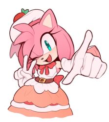 Rule 34 | alternate costume, amy rose, animal ears, aqua eyes, back bow, belt, bob cut, bow, commentary, dress, english commentary, frilled dress, frills, furry, furry female, gloves, hat, hedgehog, hedgehog ears, hedgehog girl, idol, idol clothes, inverted bob, looking at viewer, open mouth, pink fur, ribbon, sleeveless, sleeveless dress, solo, sonic (series), strawberry hat ornament, toonsite, v, white gloves, white hat